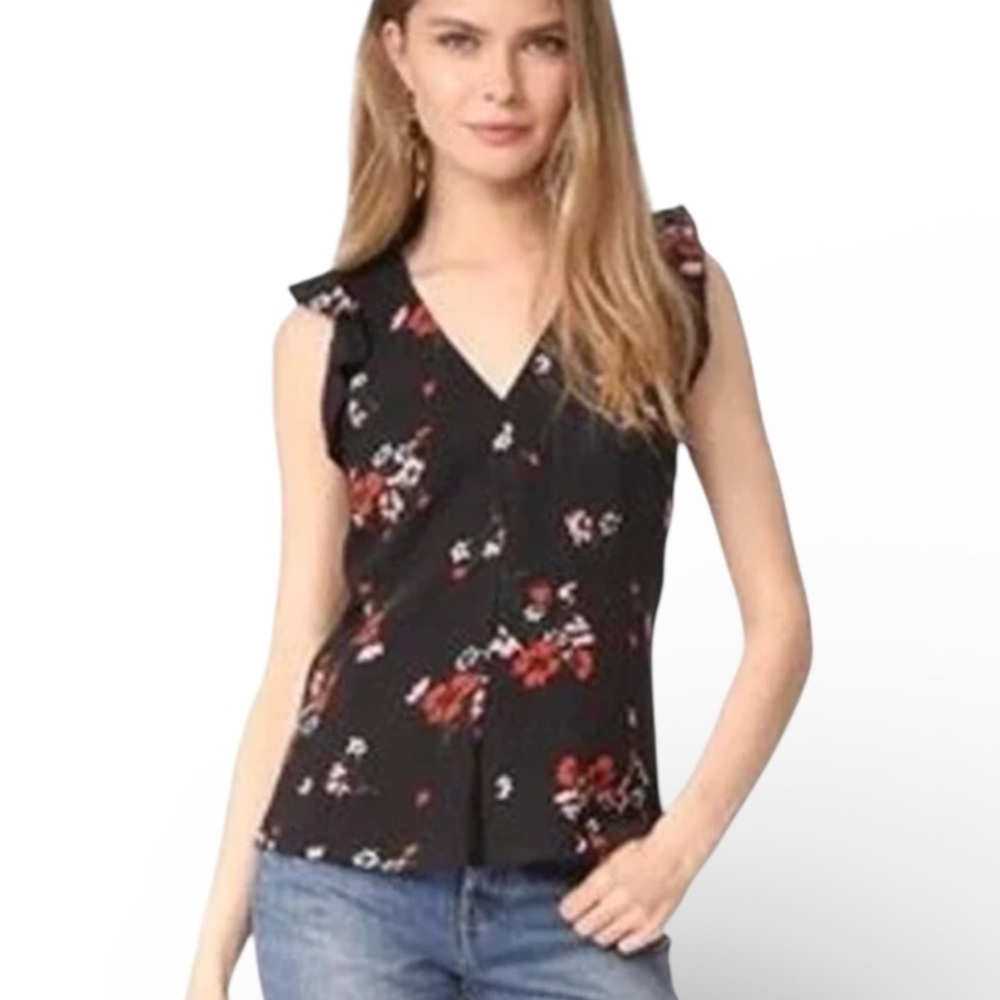 Rebecca Taylor Black Floral Marguerite Silk Blend V Neck Top